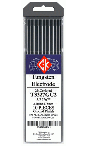 CK Worldwide 2% Ceriated Grey Tungsten Electrodes - Professional TIG Welding Rods (EWCE-2/WC20) (10 Pack)