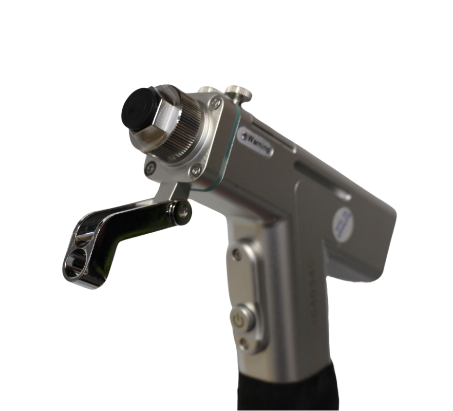 Close-up of a metal tool or device on a white background