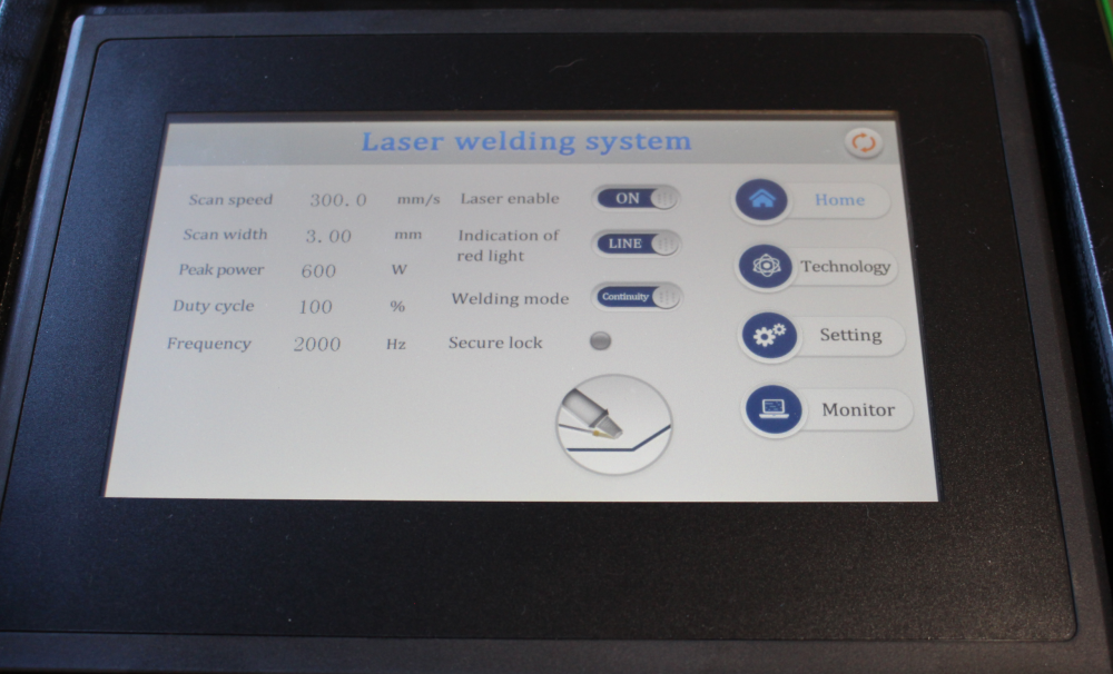 Laser welding system control panel with settings displayed on a screen.