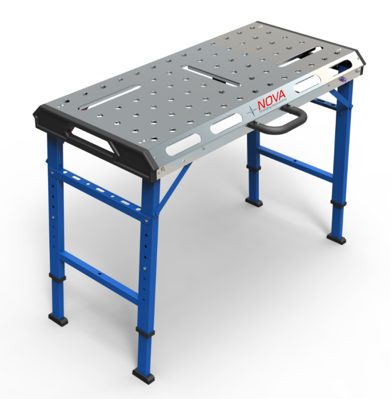 Adjustable steel welding table with perforated surface and blue frame, NOVA branding visible.