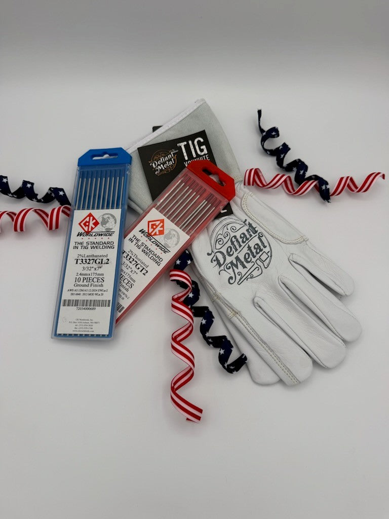 USA 250th Anniversary TIG Bundle – Defiant Metal White Gloves + 3/32 CK Tungsten (Red & Blue)