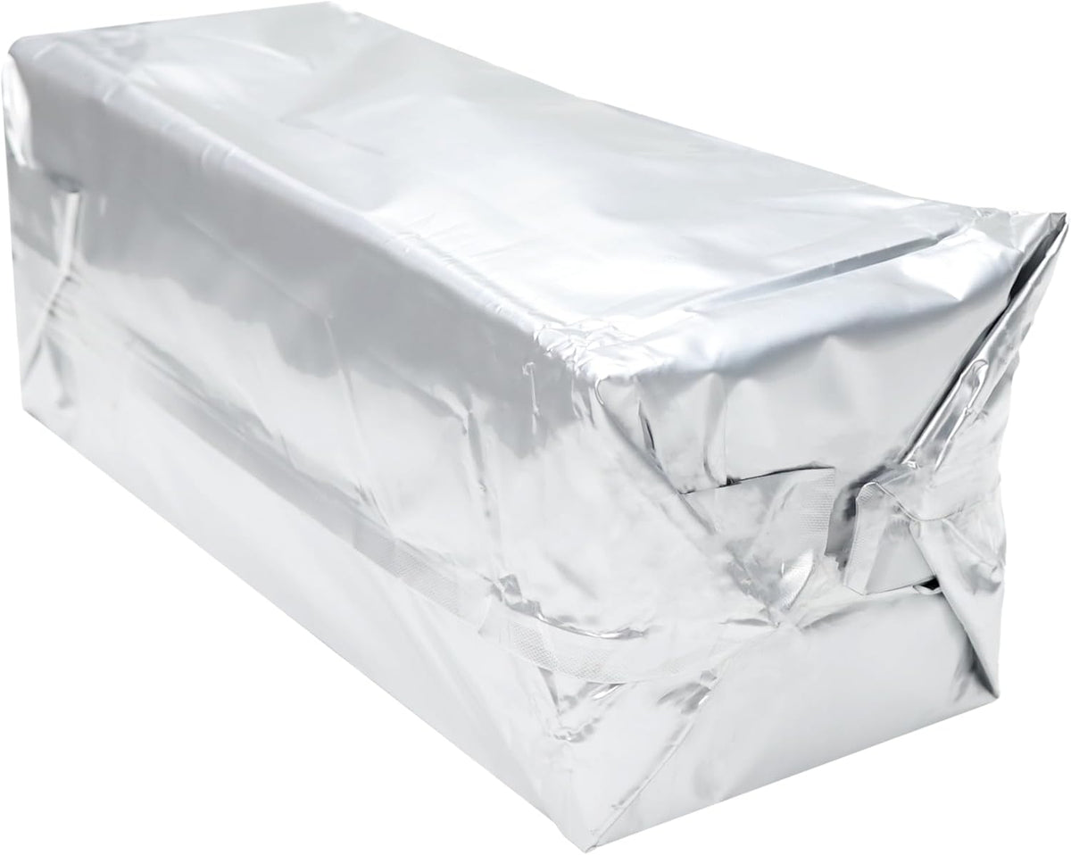 Rectangular silver foil-wrapped brick pack, vacuum-sealed food packaging