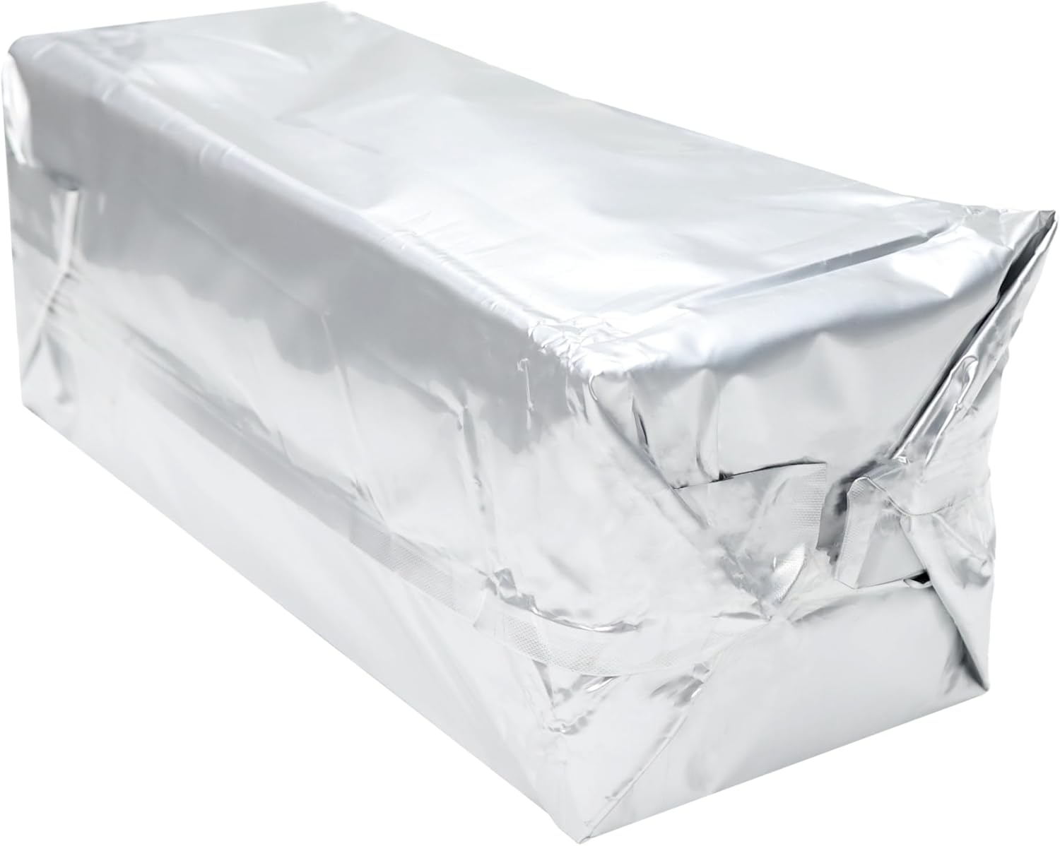 Rectangular silver foil-wrapped brick pack, vacuum-sealed food packaging