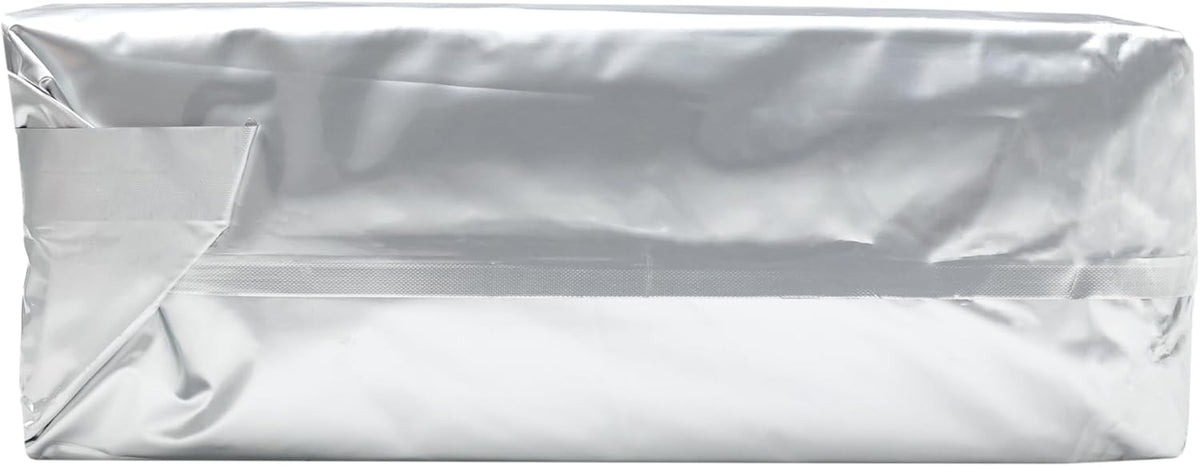 Rectangular silver foil package with sealed edges, plain unbranded packaging