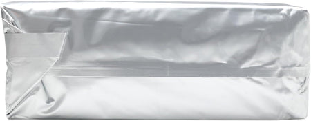 Rectangular silver foil package with sealed edges, plain unbranded packaging