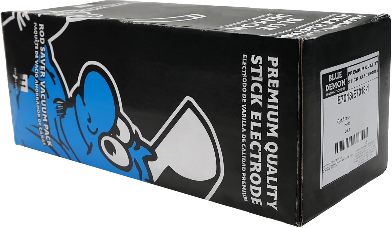 Blue Demon welding electrodes E7018 box, premium quality stick electrode packaging