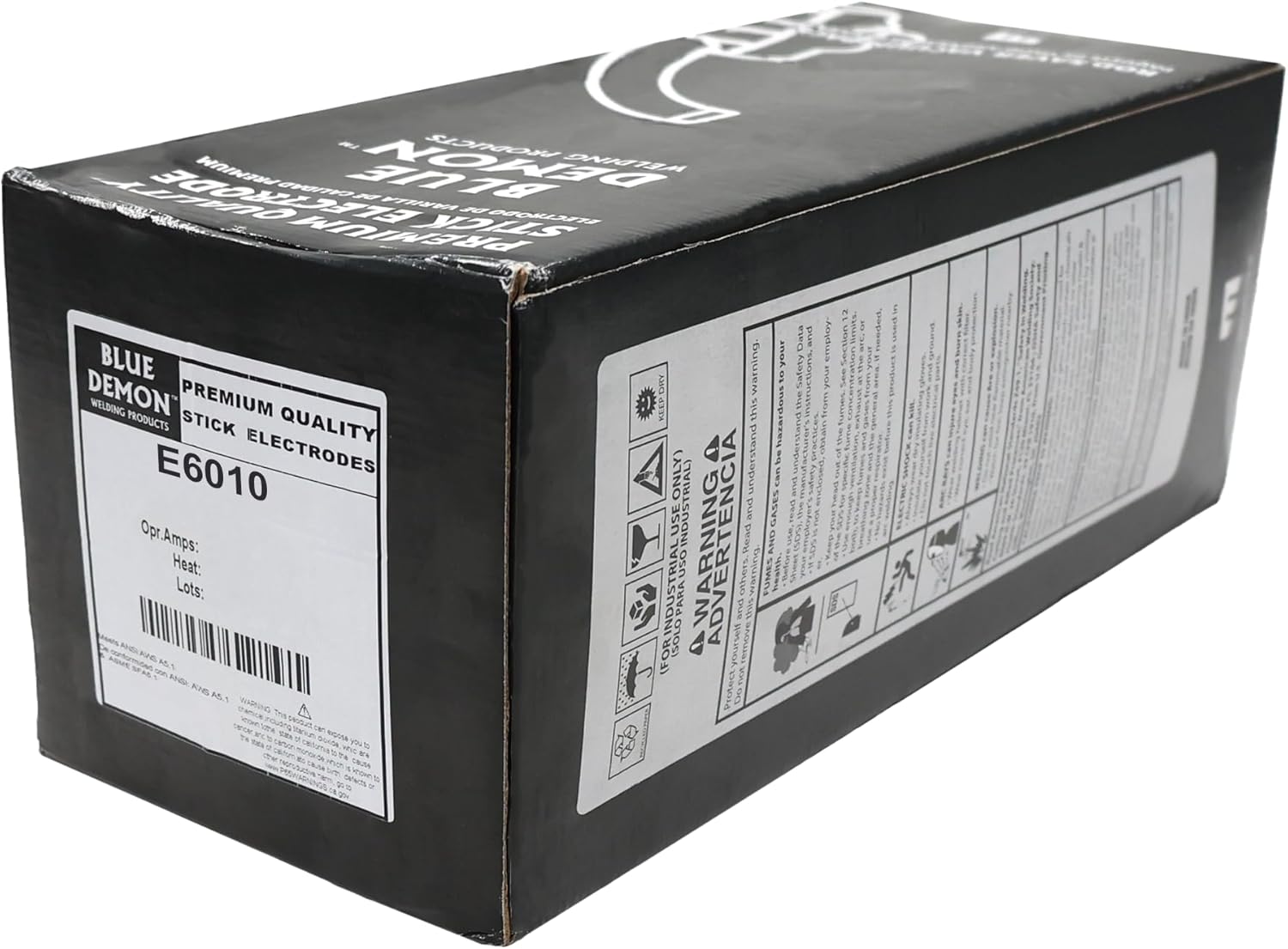 Blue Demon E6010 stick electrodes welding rods box with warning labels visible