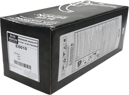 Blue Demon E6010 stick electrodes welding rods box with warning labels visible