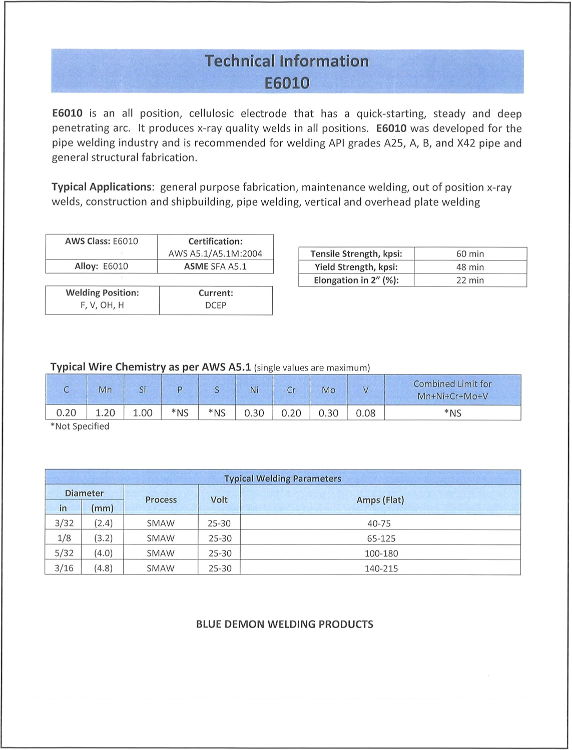 E6010 welding rod technical information sheet with specifications and welding parameters.