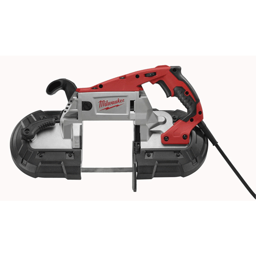 Milwaukee portable band saw with red and black handle on a white background