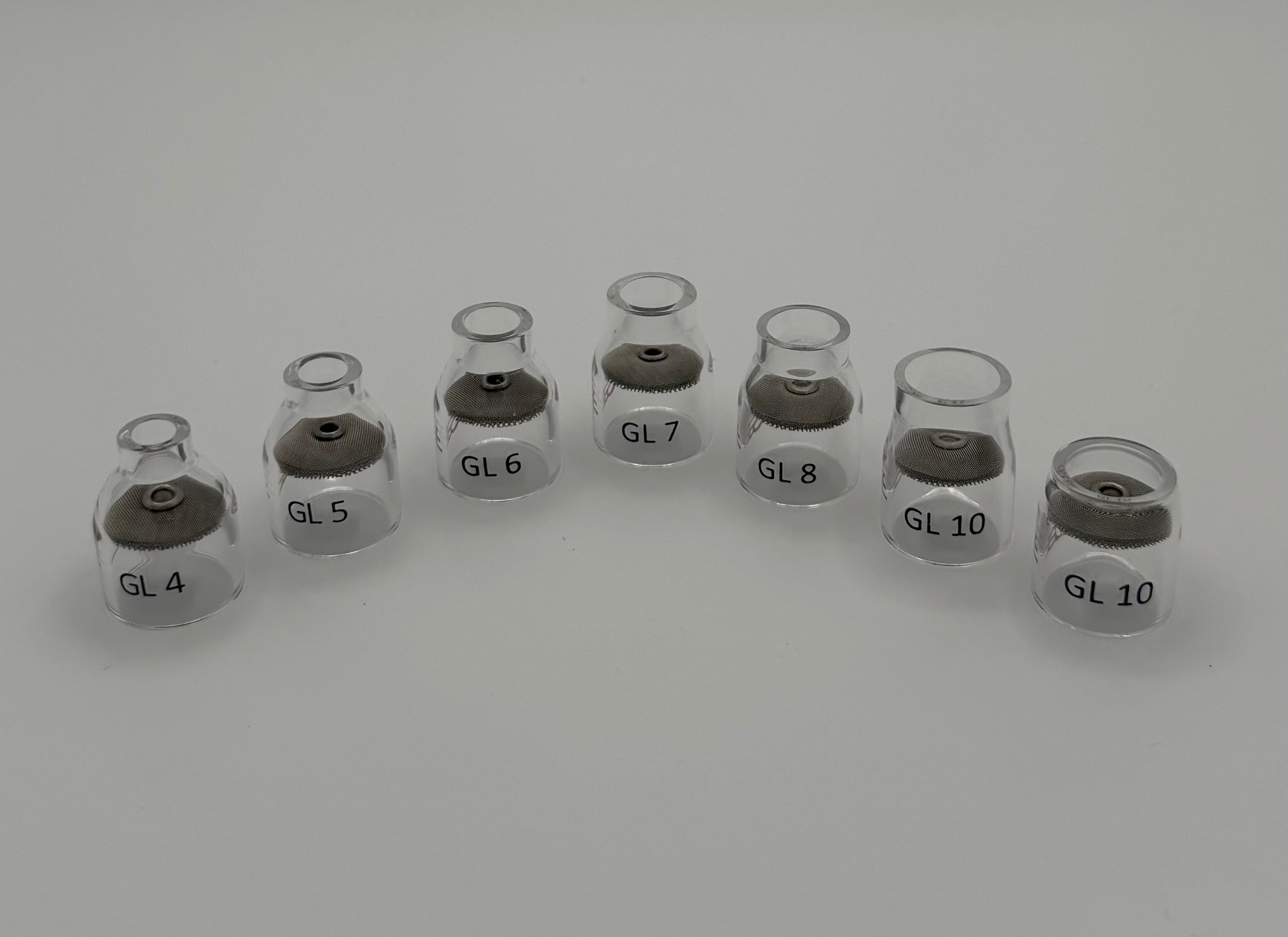 Set of clear glass TIG welding cups labeled GL 4 to GL 10 on white background