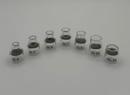 Set of clear glass TIG welding cups labeled GL 4 to GL 10 on white background