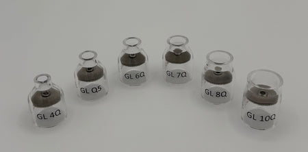 Set of clear glass welding cups with mesh diffusers labeled GL 4Q to GL 10Q on white background