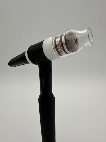 TIG welding torch with clear EDGE welding cup and mesh diffuser on white background