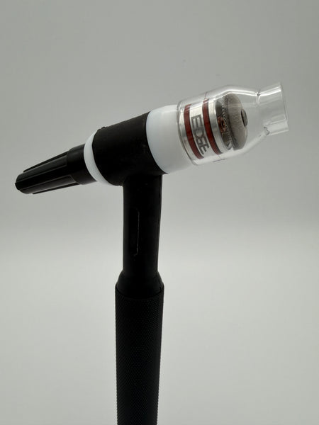 TIG torch with back cap, teflon heat shield, glass welding cup, aluminum adapter with o-rings, and mesh screen diffuser