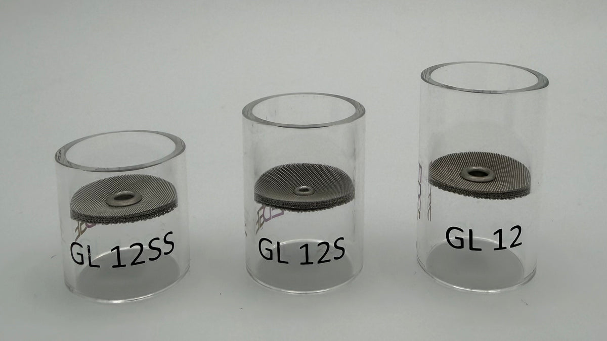 Three clear glass TIG welding cups labeled GL 12SS, GL 12S, and GL 12 on a white background.