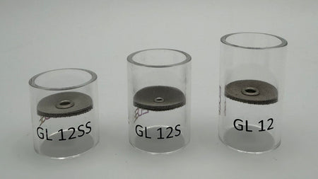Three clear glass TIG welding cups labeled GL 12SS, GL 12S, and GL 12 on a white background.