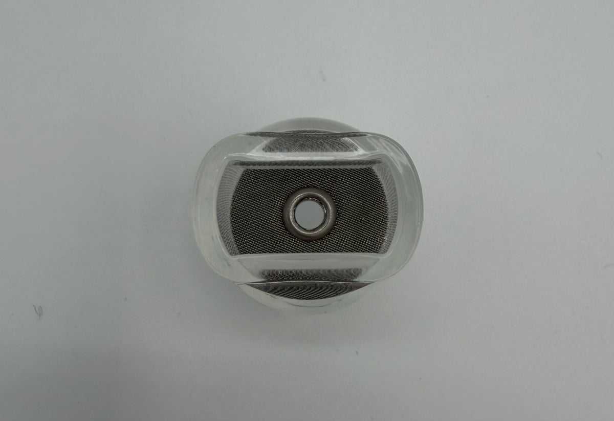 Clear welding cup with fine mesh screen, viewed from above on a white background