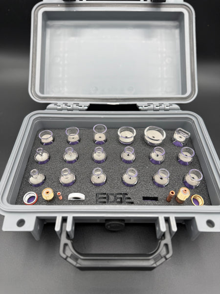 Protective case with assorted welding cups and accessories organized in foam insert