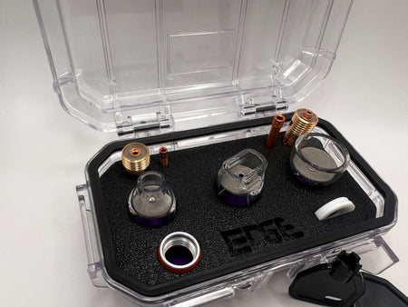 Protective case with metal and glass attachments, mesh filters, and vape accessories.