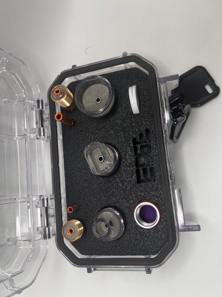 Protective case with metal vape accessories and mesh screens on foam insert