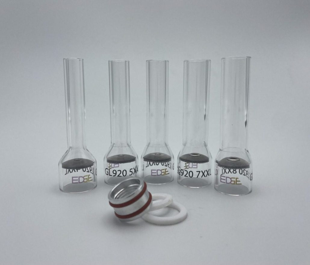 Clear glass welding cups with metal screens and o-rings on a white background