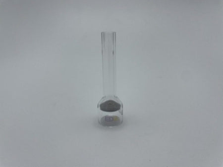 Clear glass welding cup with cylindrical neck on plain white background