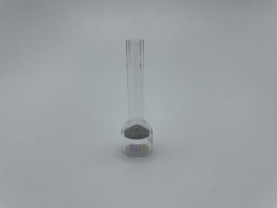 Clear glass welding cup with cylindrical neck on plain white background