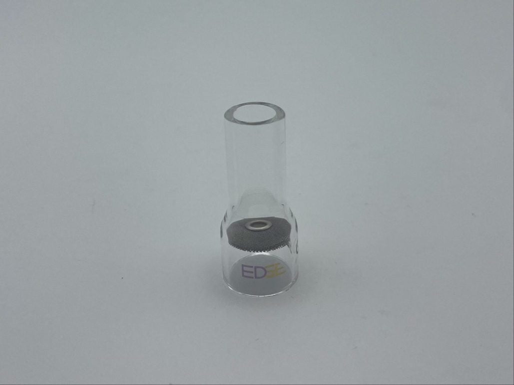 Clear glass welding cup with mesh diffuser for TIG welding on white background