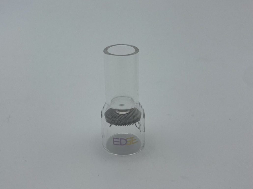 Clear glass welding cup with mesh diffuser, EDGE logo visible, on plain background