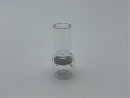 Clear glass welding cup with mesh diffuser, EDGE logo visible, on plain background