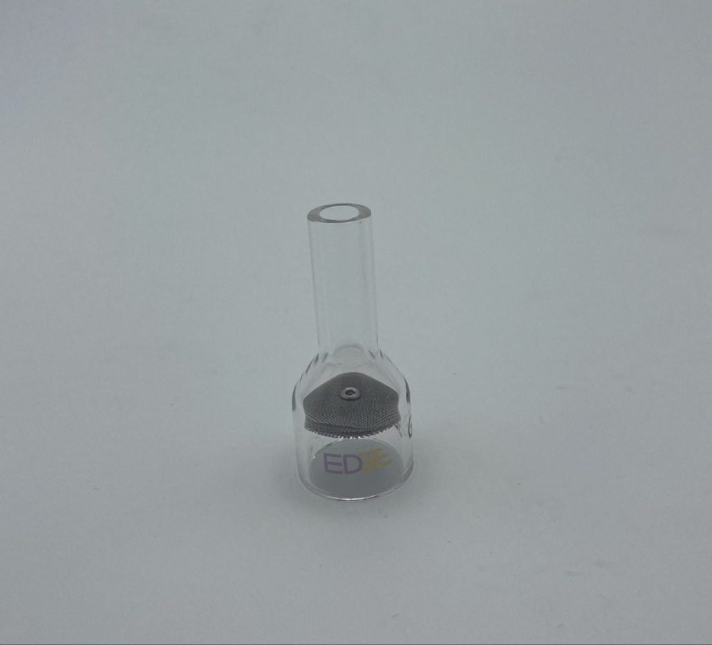 Clear glass welding cup with mesh diffuser for welding torch on white background