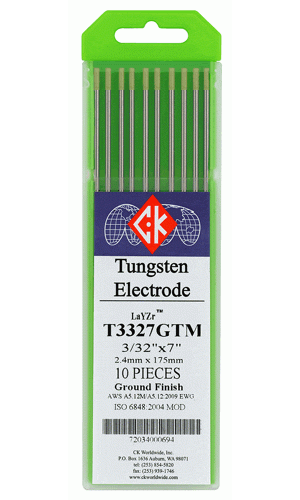 CK tungsten electrode T3327GTM 10 pack in green case, welding supplies, 3/32" x 7" size.