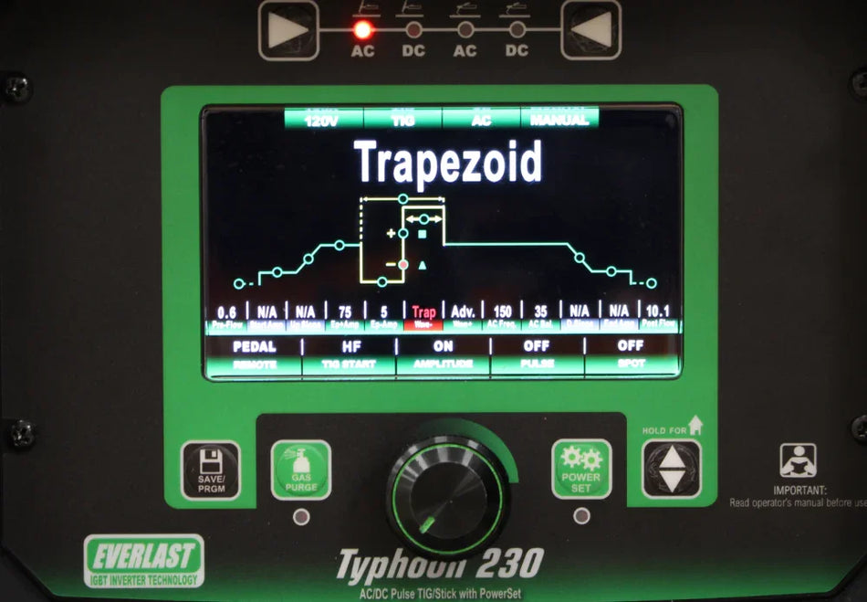 Close-up of Everlast Typhoon 230 welder display showing TIG Trapezoid waveform settings.