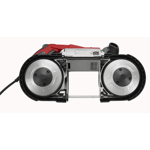 Front view of a red and silver portable band saw, exposed rollers and corded power tool design.