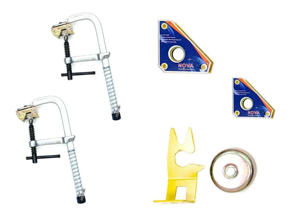 Welding clamp set with two metal C-clamps, two Nova magnetic holders, yellow support, and metal disk on white background.
