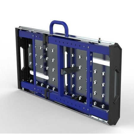 Foldable blue and black metal tool case with multiple holes, handle, and reinforced corners.