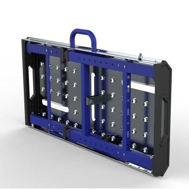 Foldable blue and black metal tool case with multiple holes, handle, and reinforced corners.