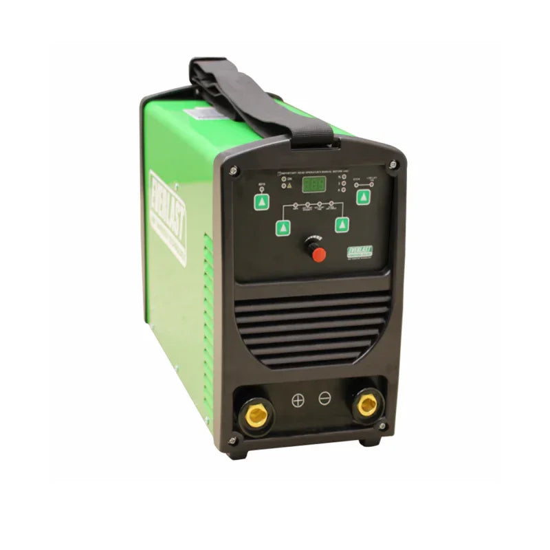 Green Everlast welding machine with digital display, black front panel, and carry strap