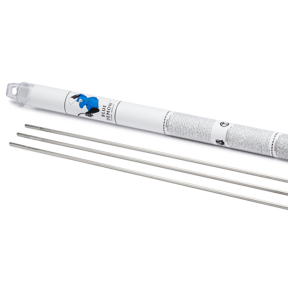 Clear plastic hanging tube with Blue Demon logo and three sample pieces of TIG filler rod.
