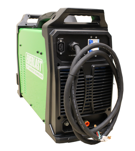 Back view of green welding machine with power cable and AC 220V input socket
