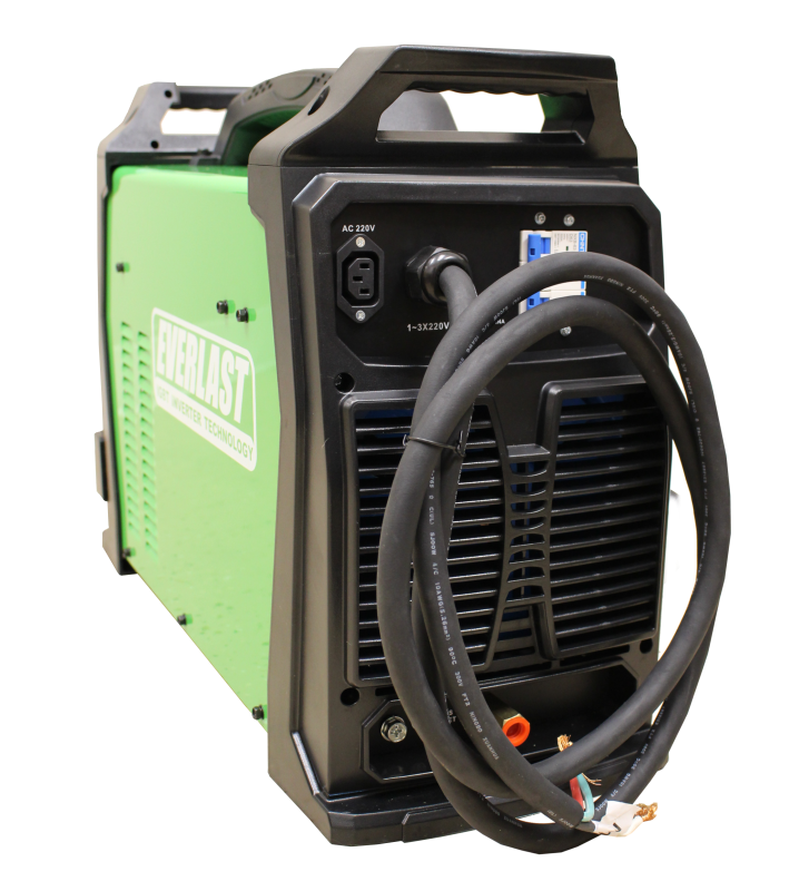 Back view of green welding machine with power cable and AC 220V input socket