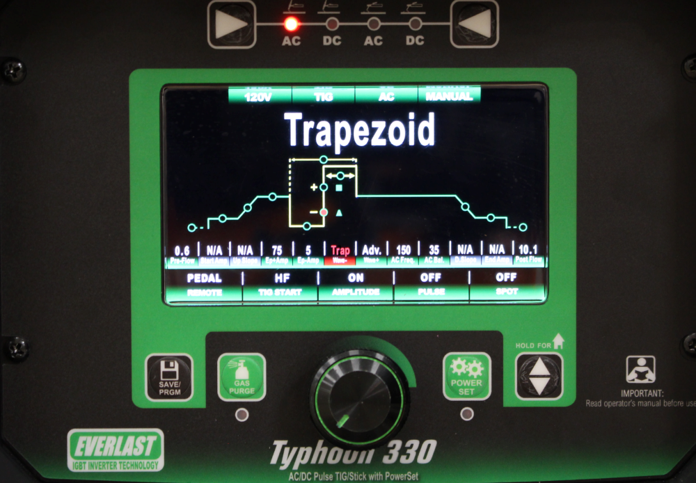 Typhoon 330 welding machine digital control panel displaying trapezoid wave setting.